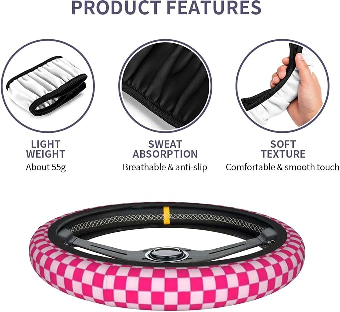 Pink Checkered Steering Wheel Cover - Pink Checkered Steering Wheel Cover Anti-Slip Breathable for 15 in Universal 2 Pcs Car Interior Cup Holder Pad for Men Women
