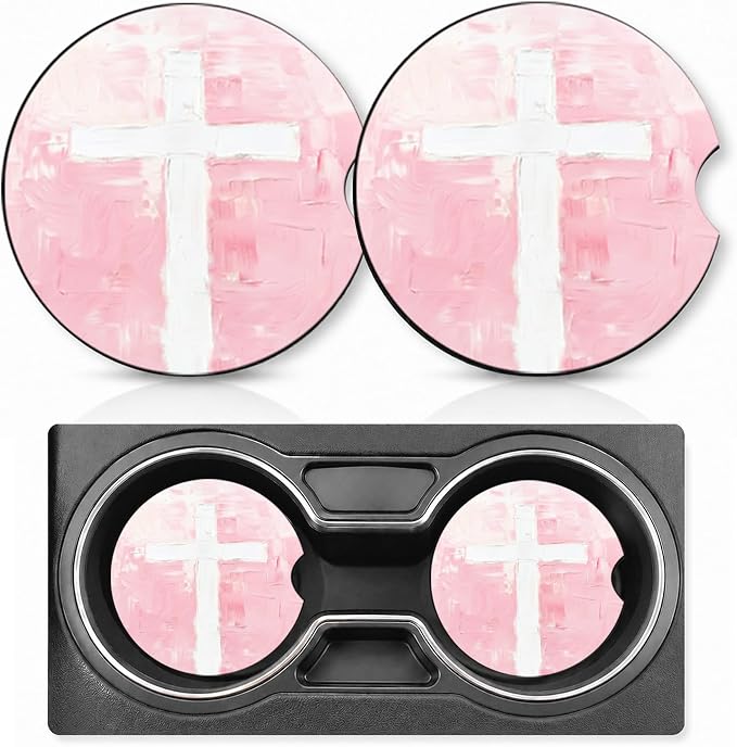 2PCS Cross Car Cup Holder Coasters Neoprene Car Coasters Universal | 2.75" Anti-Slip Rubber Mat with Finger Slot for Vehicle SUV Truck Sacred Cars Accessories Cross Gifts for Women Men
