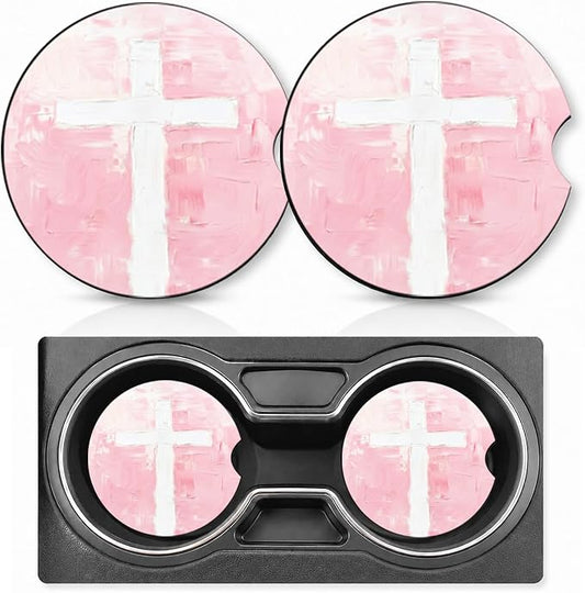 2PCS Cross Car Cup Holder Coasters Neoprene Car Coasters Universal | 2.75" Anti-Slip Rubber Mat with Finger Slot for Vehicle SUV Truck Sacred Cars Accessories Cross Gifts for Women Men