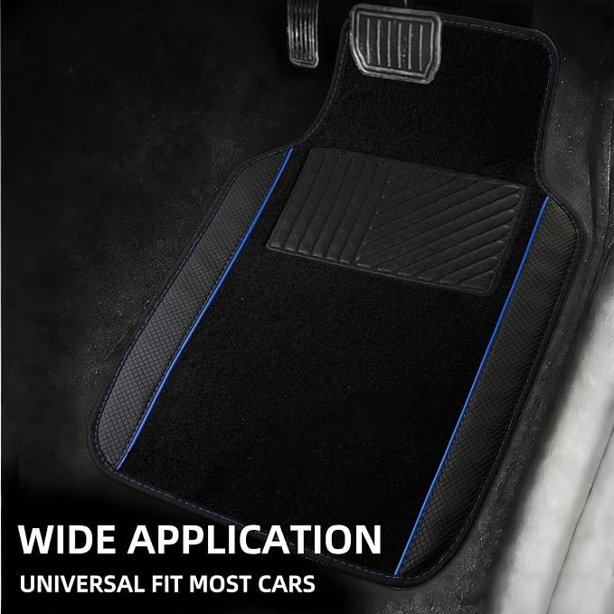 NBTEPEM Waterproof Universal Fit Car Floor Mats, Faux Leather Sporty Car Carpet Mats with Anti-Slip Nibbs Backing & Driver Heel Pad Fit for SUV, Vans, Sedans, Trucks, Set of 4 (Black with Blue line)