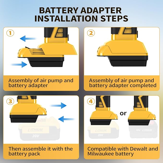 Upgraded Cordless Tire Inflator Portable Air Compressor - Adapter Compatible with DeWalt 20V Battery, With Rechargeable Battery, 160 PSI 4X Fast Air Pump, Dual Power Modes for Car, Motorcycle, E-Bike