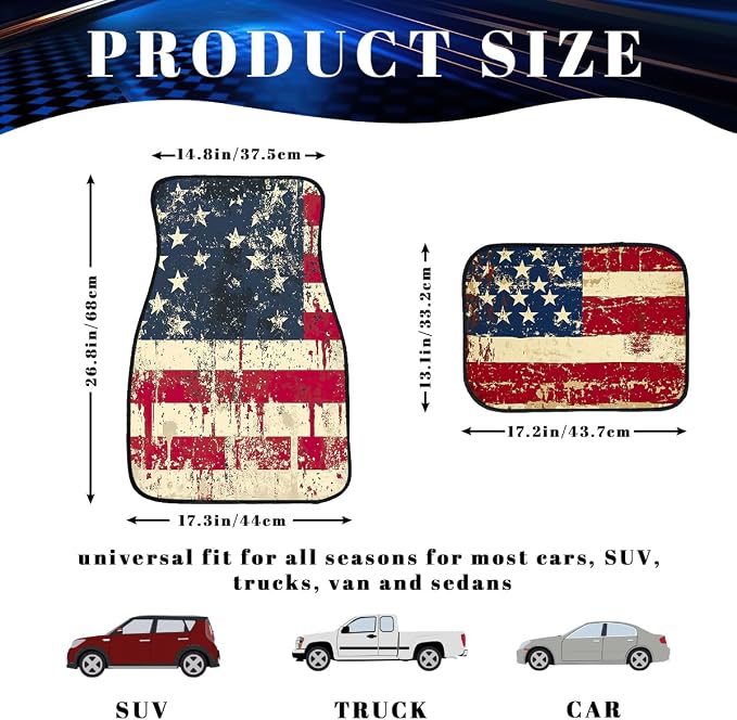 American Flag Car Floor Mats Set of 4 Star Vintage Striped Texture Splash Ink Automotive Car Floor Carpets Non-Slip Auto Car Accessories Universal Fit Car Accessories for Truck