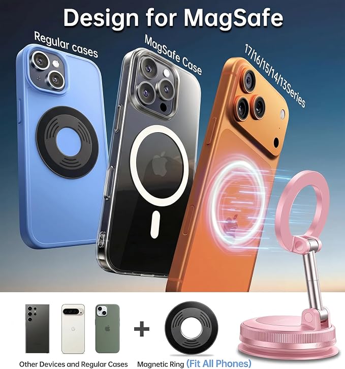 Coolpow【Newest Vacuum Magnetic Phone Holder for Car Phone Holder Mount【Movable Vacuum Suction】 Magsafe Car Mount Cell Phone Holders for Your Car Accessories for Women Men for iPhone 17 16-Light Pink