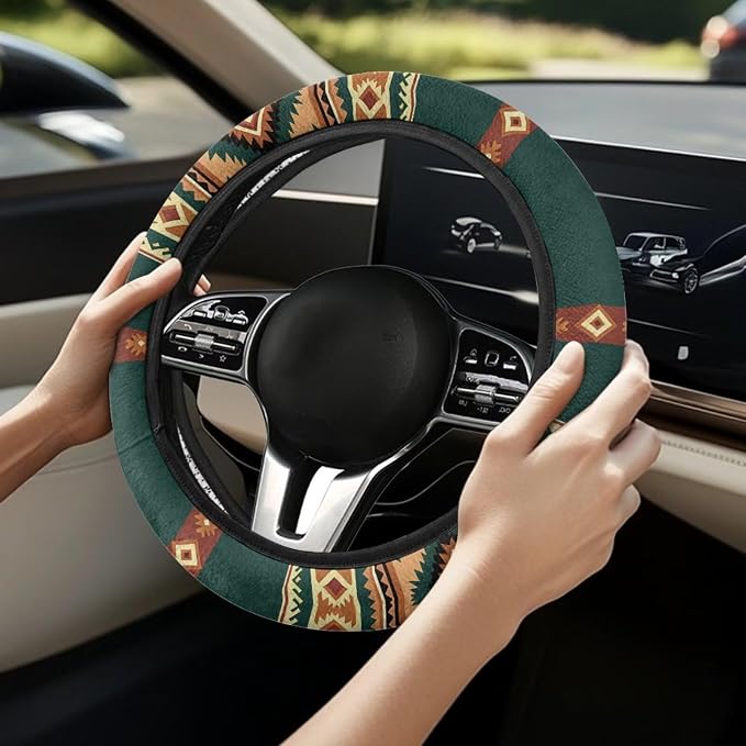 Wanyint Car Steering Wheel Cover for Women Men, 15 Inch Soft Neoprene Stretch Anti-Slip Washable Car Accessories Universal Fit for Sedans SUV, Southwest Aztec Brown Green