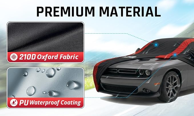 Challenger Car Cover Waterproof All Weather with Red Strip Design, Custom Fit for Dodge Challenger 2008-2026 SXT GT R/T Scat Pack SRT Hellcat, Challenger Accessory with Door Zipper & Windproof Straps