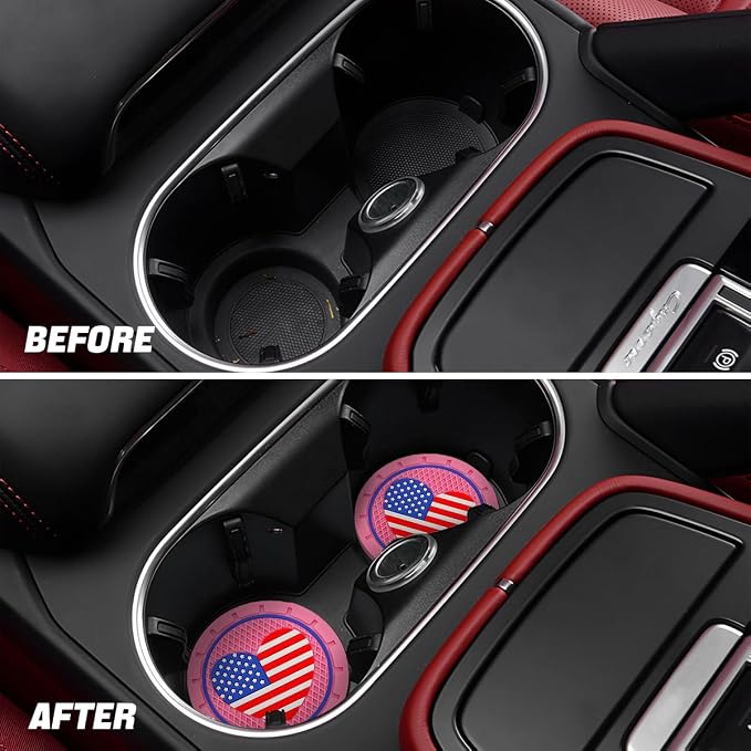 AUCELI 2 Pack Car Cup Holder Coasters, Colored American Flag US Flag Insert Car Cup Coaster, 2.75 Inch Anti Slip Shockproof Embedded Drink Mat, Vehicle Interior Decor Accessories