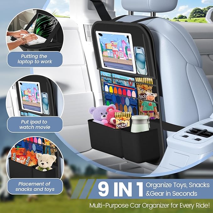 Car Backseat Organizer with table Tray(1Pack) 9 Storage Pockets Backseat Car Organizer with Tablet Holder, Back seat Organizer for Kids Road Trip Essentials Travel
