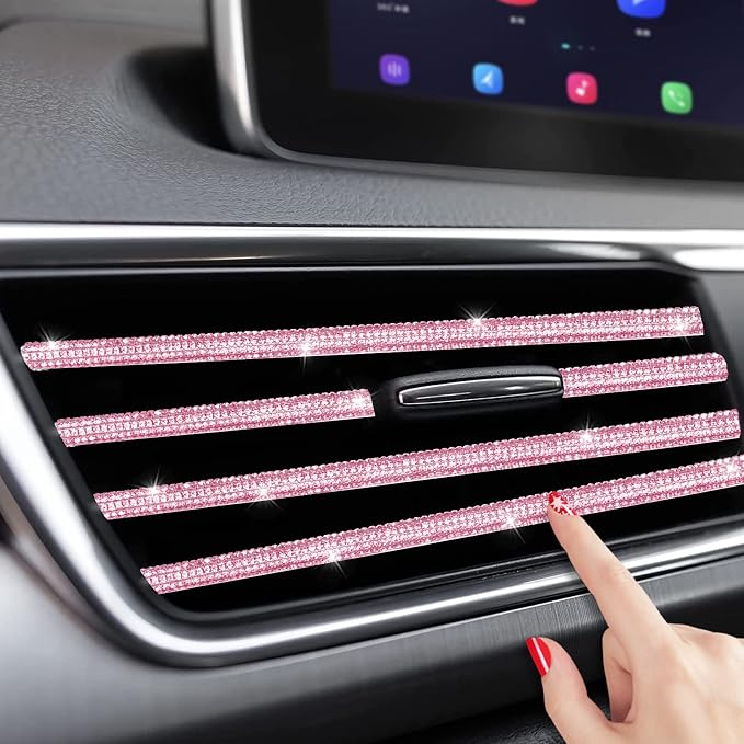 INSAUTO Bling Car Accessories for Women,Bling Car Air Vent Outlet Trim, 10pcs Rhinestone Car Air Conditioner Vent Decoration Strips(Pink)