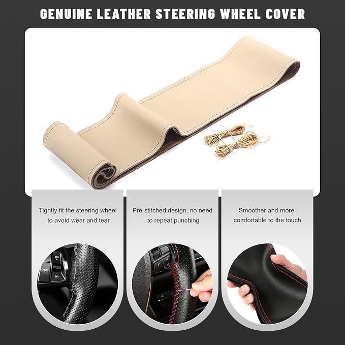 Genuine Leather Steering Wheel Cover, 15 Inch Stitch on Steering Wheel Protector with Needle & Thread, Anti-Slip DIY Sewing Wheels Wrap for Most Vehicles (Beige, Glossy)