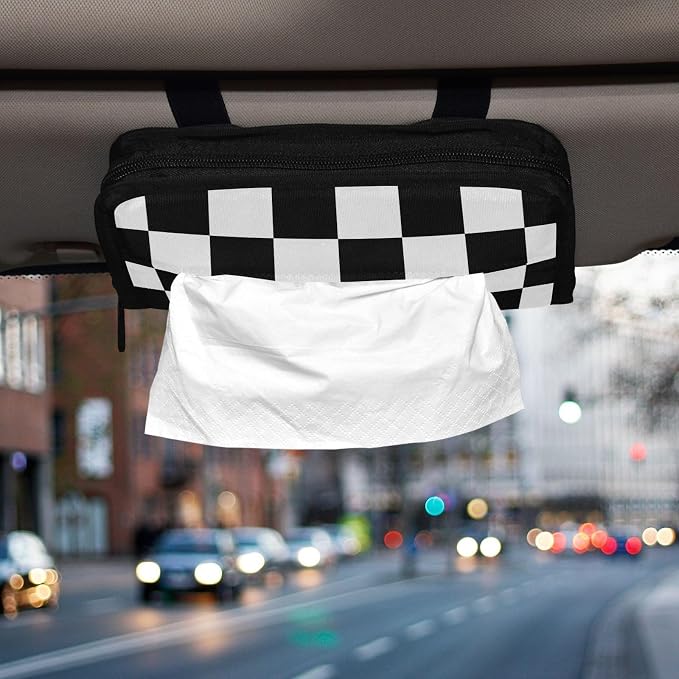 Car Tissue Holder Napkin Box Dispenser Storage Case Sun Visor Mask Holder With Adjustable Straps Reusable Refillable Checkered Black and White