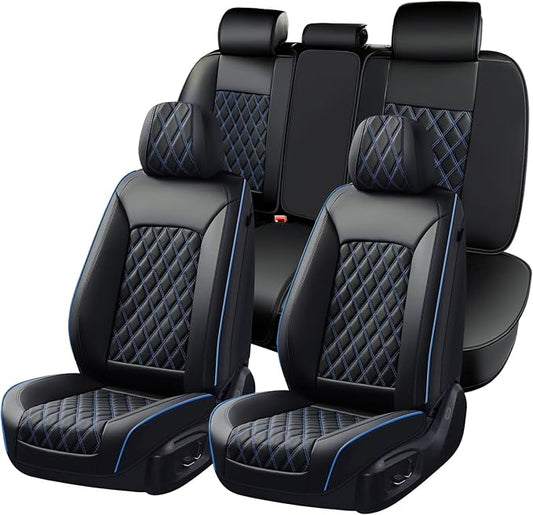 Huidasource Seat Covers Full Set, Seat Covers Nappa Leather Universal Fit for Most Cars, Vans, Trucks, SUVs, Compatible with Airbags, Blue Car Seat Covers Velcro Adjustable (Full Set/Black&Blue)