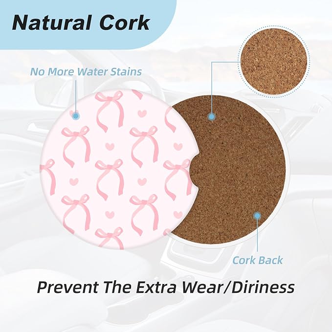 Cute Pink Bow Car Coasters for Cup Holders,2 Pack Car Cup Holder Coasters for Car,Ceramic Absorbent Car Coaster with A Finger Notch and Cork Base,Car Interior Accessories for Women Men