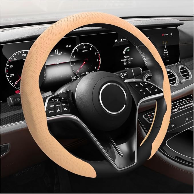 Steering Wheel Cover, 15 Inch Anti-Slip Breathable Steering Wheel Protector Auto Interior Decor, Heat-Resistant Comfort Grip Wheel Cover Universal for Most Cars Trucks SUVs (Beige)