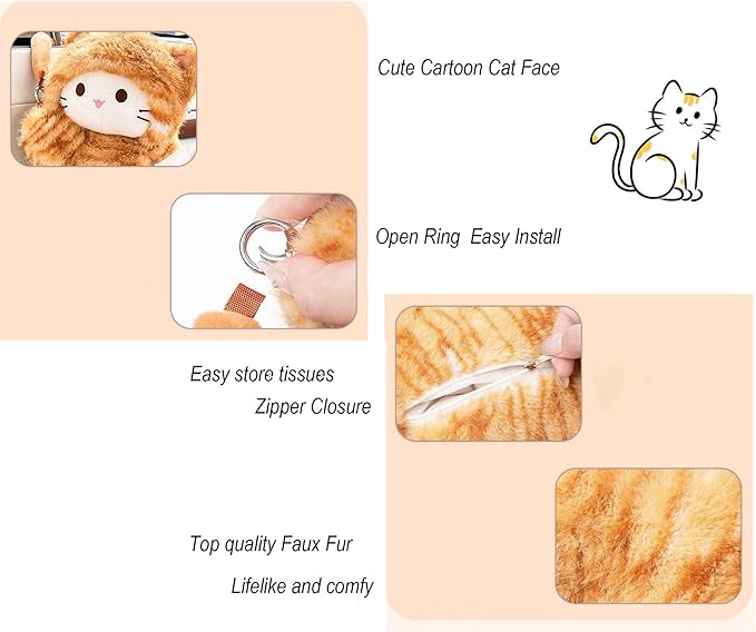 Tissue Box Cover Plush Tissue Box Holder for Car, Home, Decorative Holder/Organizer for Bathroom Vanity Countertop, Nightstands, Office Desk-Orange Cat