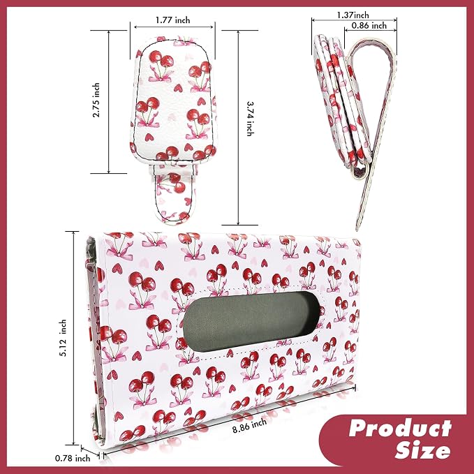 1Pcs Car Tissue Holder and 2 Pcs Sunglass Holder for Car,Magnetic Leather Sunglasses Holder Car Sun Visor Glasses Hanger Clip,Car Interior Accessories for Women(White Cherry)