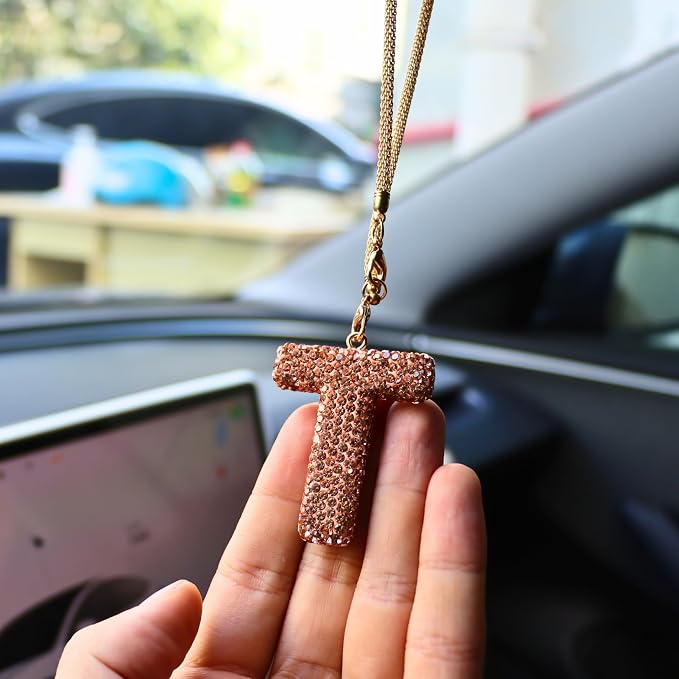 Bling Car Accessories for Women Letter Charm, Rainbow Crystal Rearview Mirror Pendant, Cute Diamond Rhinestone Car Decor, Lucky Gift for Women(T, Champagne Gold)