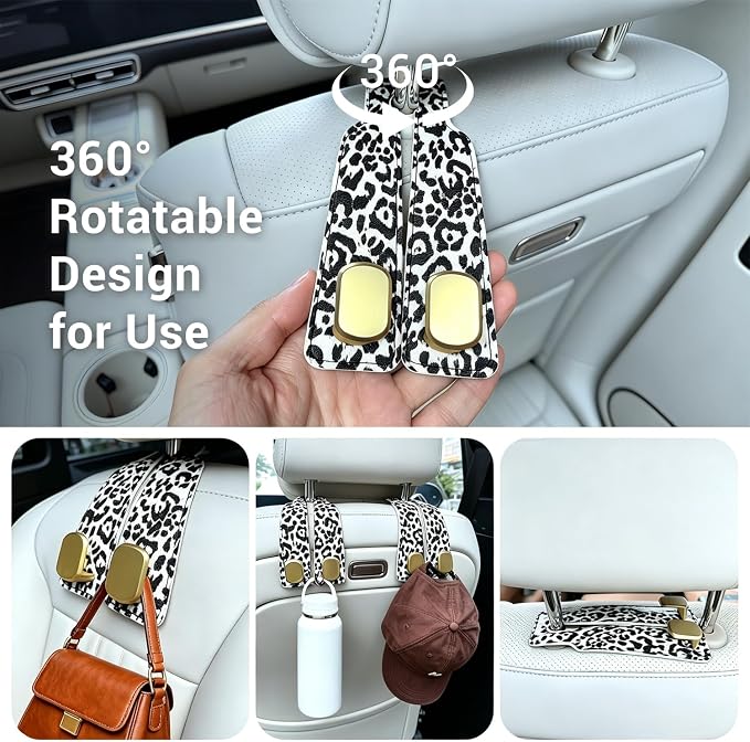 2 Pack Purse Hook for Car Headrest, Car Seat Back Storage Hook for Purses and Bags, Car Back Seat Headrest Purse Holder, Hanger Storage Organizer (Black Leopard)