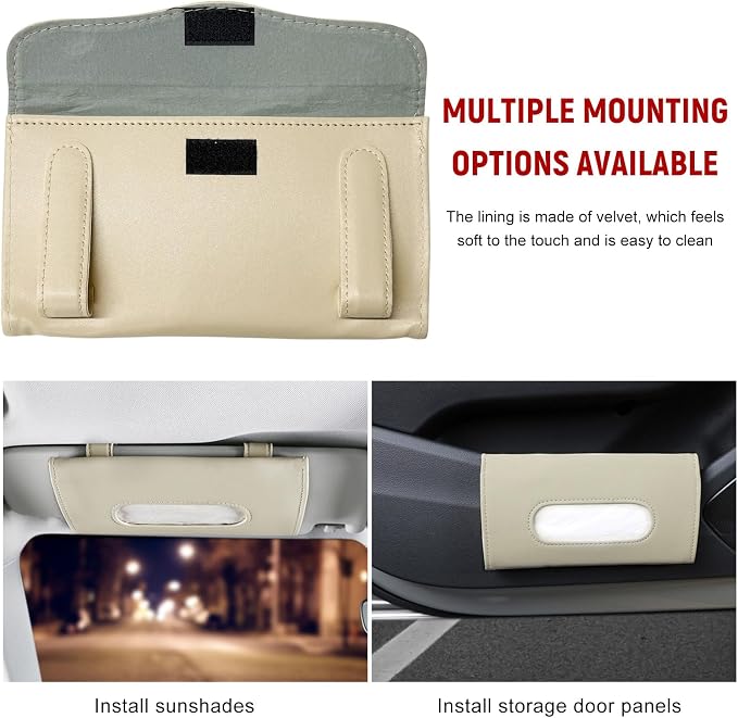 Car Visor Tissue Holder, Leather Auto Paper Towel Case Sun Visor Napkin Dispenser with 1 Pack Tissues, Rectangular Backseat Paper Towel Storage Holder for Most Vehicles (Beige)