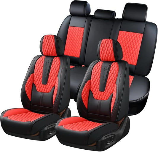 Coverado Car Seat Covers Full Set, 5 Seat Leather Seat Covers for Cars, Car Seat Protector with Lumbar Support, Waterproof Seat Covers Universal Fit for Most Cars SUV Trucks (Red&Black)