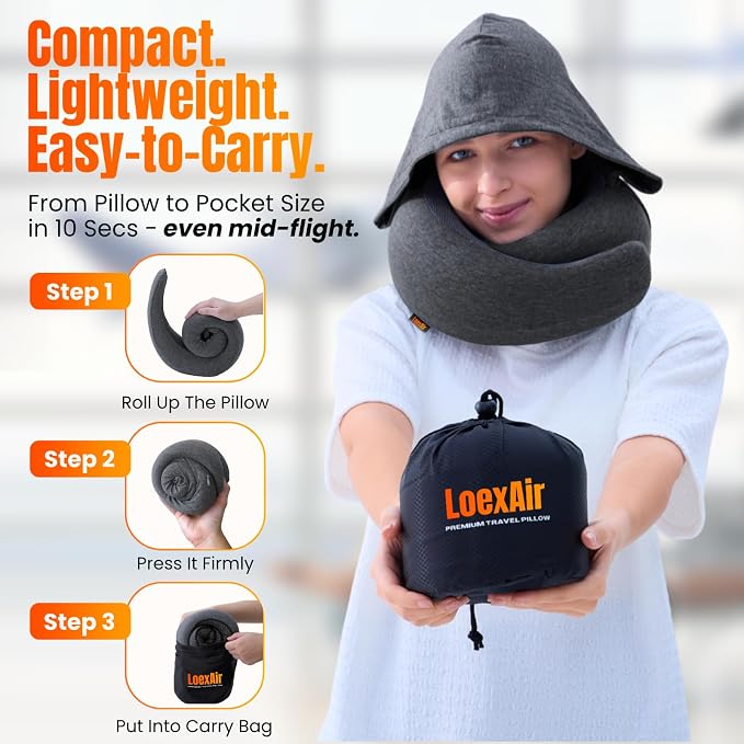 LOEXAIR™ Hooded Pro Travel Pillow - Memory Foam Neck Support Pillow for Airplane, Flight - Super-Soft Pure Cotton Fabric, Maximum Privacy & Light-Block Design, Lightweight Full Travel Kit - Dark Grey