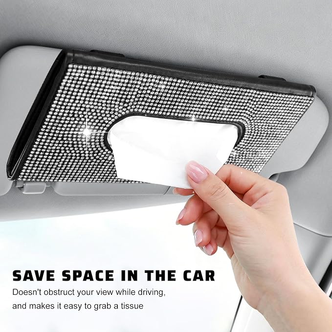 Bling Car Sun Visor Tissue Box Holder, Sparkling Auto Sun Visor Napkin Box Mask Holder, PU Leather Glitter Rhinestone Backseat Paper Towel Case for Cars Trucks SUVs (White)