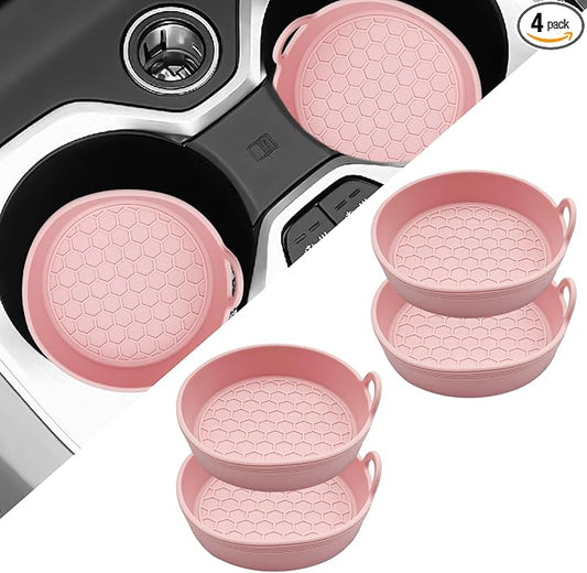 4 Pack Car Cup Holder Coaster, Universal Silicone Non-Slip Insert Pad, Waterproof Spill-Proof Drink Mat for SUV Sedan Truck, Automotive Interior Accessories(Pink)