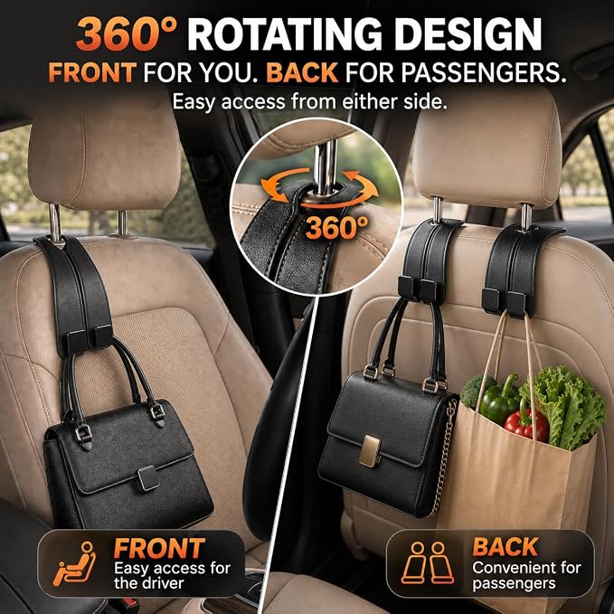 vidonio Car Headrest Hooks, 4 Pack 360° Rotating Double Hooks with Leather-Wrapped Metal Core, Heavy Duty Seat Back Purse Holder for Handbags, Grocery Bags and Backpacks, Black