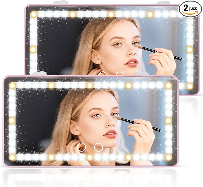 SINGARO 2PCS Car Sun Visor Vanity Mirror - Rechargeable Makeup Mirror with 60 LEDs, 3 Light Modes & Dimmable Touch Control for Cars, Trucks, SUVs, Car Interior Accessories for Women (Pink)