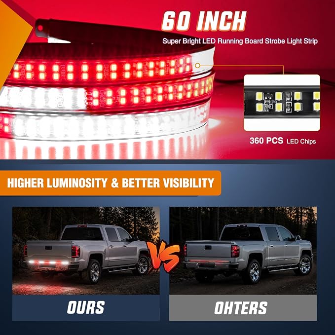 Nilight 60 Inch Truck Tailgate Strobe Light Strip Tail Emergency Bar Rear Window Warning Lamp Ultra-Bright Double Row 360 LED for Pickup Trailers Construction Vehicles Car SUV, Red White