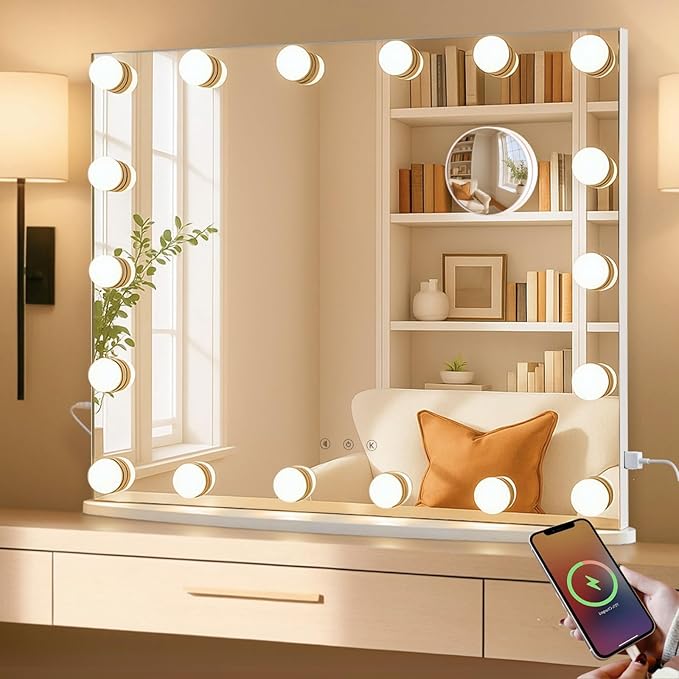 LUXFURNI Vanity Mirror with Lights, 23.6" Hollywood Makeup Mirror White | 18 Surround LED Bulbs, 360° Shadow-Free Lighting, 3 Color Modes, USB Charging, Tabletop & Wall Mount for Bedroom Dorm Desk