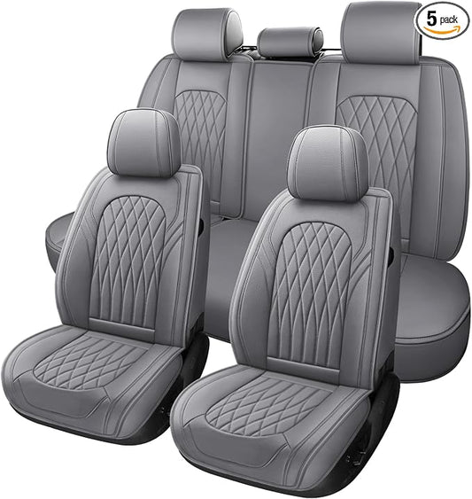 WELLDO Nappa Faux Leather Car Seat Covers Full Set, Gray | Waterproof, Non-Slip Seat Protector, 0.28in Thickened Cushion, Airbag Compatible, Universal for Cars SUV Truck Pickup
