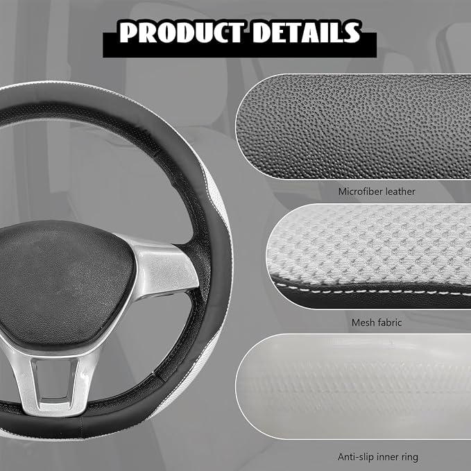 Microfiber Leather Steering Wheel Cover, Breathable Steering Wheel Protector with Anti-Slip Inner Ring, Universal 14.5"-15" Car Wheel Cover Auto Interior Decor for Men Women (White)