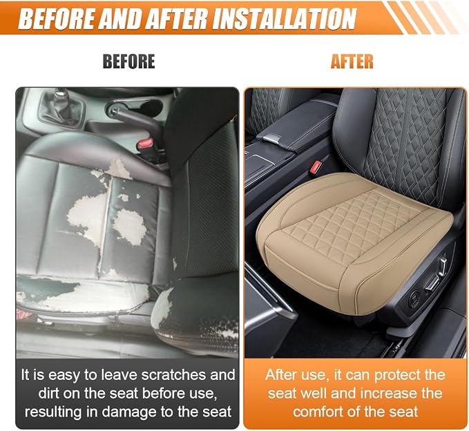Luxury Faux Leather Car Seat Cover, Car Seats Cushion, Beige | Anti-Slip Waterproof Universal Front Bottom Seat Protector with Storage Pocket for Sedans, SUVs, Trucks, Triangular Pattern