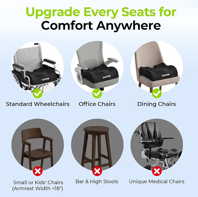AUVON Anti-Slip Wheelchair Cushions with Front High Rear Low & Hump Design, Ergonomic Seat Cushion to Optimize Sitting Posture, Chair Cushions Relieve Sciatica, Back, Pressure Sore & Ulcer Pain | Ergonomic Chair Cushion with U-Cutout for Tailbone, Back...