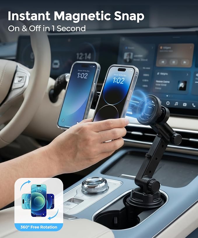 Dual MagSafe Cup Holder Phone Mount, Adjustable for iPhone 12-17 | Dual MagSafe Cup Holder Phone Mount, 360° Adjustable, Modular, Fits Cars, SUVs & Trucks, iPhone 12-17