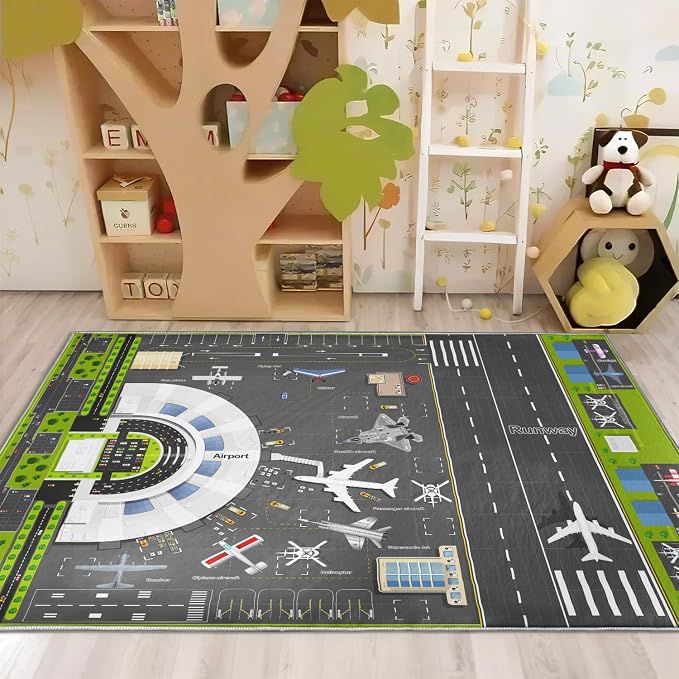 Kids Airport Runway Rug, Faux Wool Airplane Map, Non-Slip, 5 x 7 ft | Runway and airplane design; Aviation-themed play; Soft faux wool surface; Non-slip backing; Easy-care finish