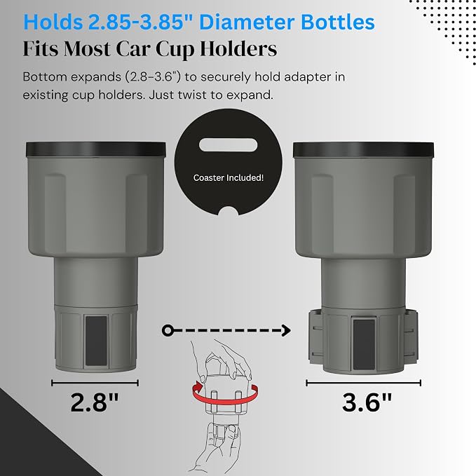 Swigzy Car Cup Holder Expander Adapter for Large Water Bottles - [Patented & Upgraded] - Holds: Hydro-Flask, Yeti, Nalgene, Owala, 32-40oz - Adjustable Expandable Insert Extender - Universal (Gray)