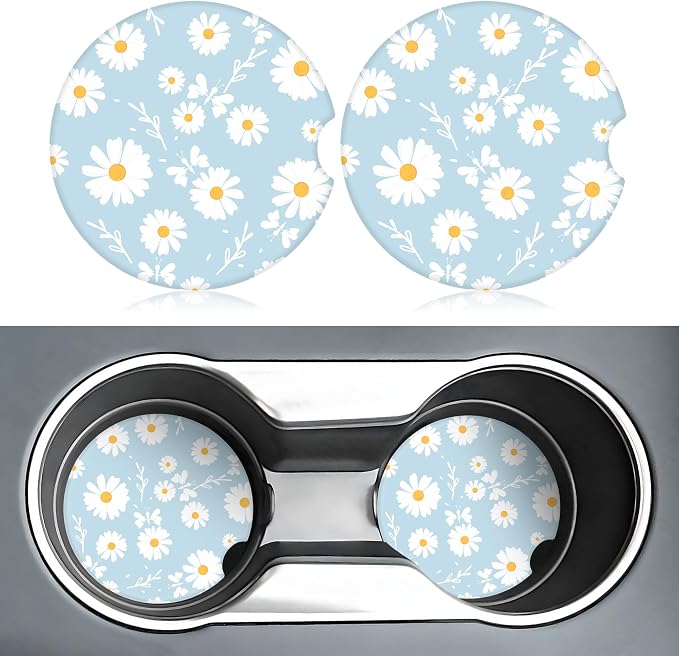 Blue Daisy Flower Car Coasters for Cup Holders,2 Pack Car Cup Holder Coasters for Car,Ceramic Absorbent Car Coaster with A Finger Notch and Cork Base,Car Interior Accessories for Women Men