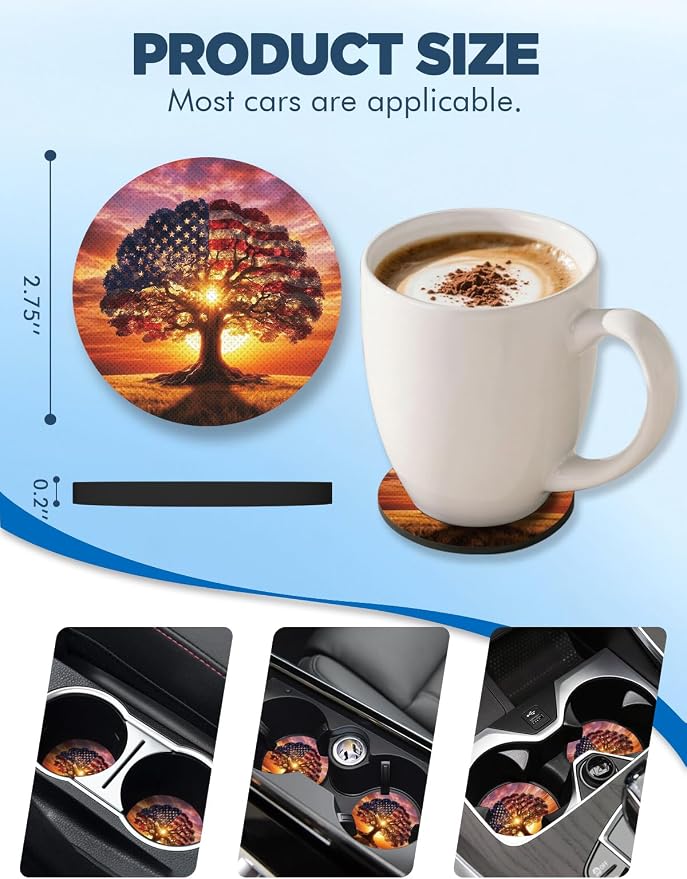 WOCOCN Car Coasters for Cup Holders - 2 Pack 2.75" Universal Rubber Car Cup Coaster, Non-Slip Waterproof Car Interior Accessories, Cute Car Decor Gifts for Women and Men (Flag Tree)