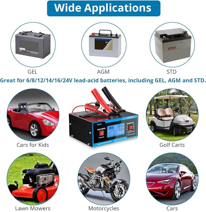 AUTOUTLET Upgraded 8 Volt Battery Charger for Golf Cart Automotive Battery Charger and Maintainer 0-14A with Cable Clamps for 6/8/12/14/16/24V Lead-Acid Batteries
