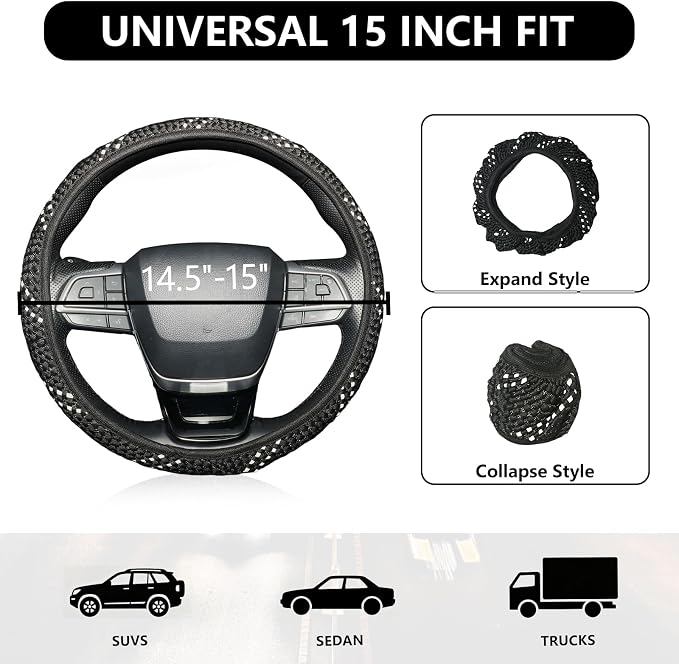 KAFEEK Elastic Mesh Car Steering Wheel Cover, Cute Black White, 15 Inch | Cooling Breathable Fabric, Non Slip Protector for Women Men, Summer Winter, Universal Fit