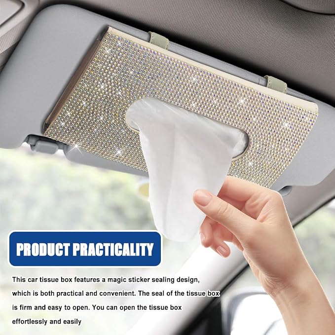 Bling Car Sun Visor Tissue Box Holder, Visor Accessories, Rhinestone PU Leather Crystal Sparkling Napkin Holder, Auto Sun Visor Paper Towel Cover Case Accessories for Most Cars (Beige+Colorful)
