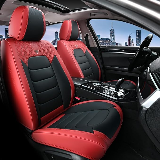 FLORICH Car Seat Covers, Leather Seat Covers, Front Seat Covers 2PCS,Waterproof Car Seat Protector, Auto Driver Seat Covers Accessories Fit for Most SUV Trucks(Red&Black, Front Pair)