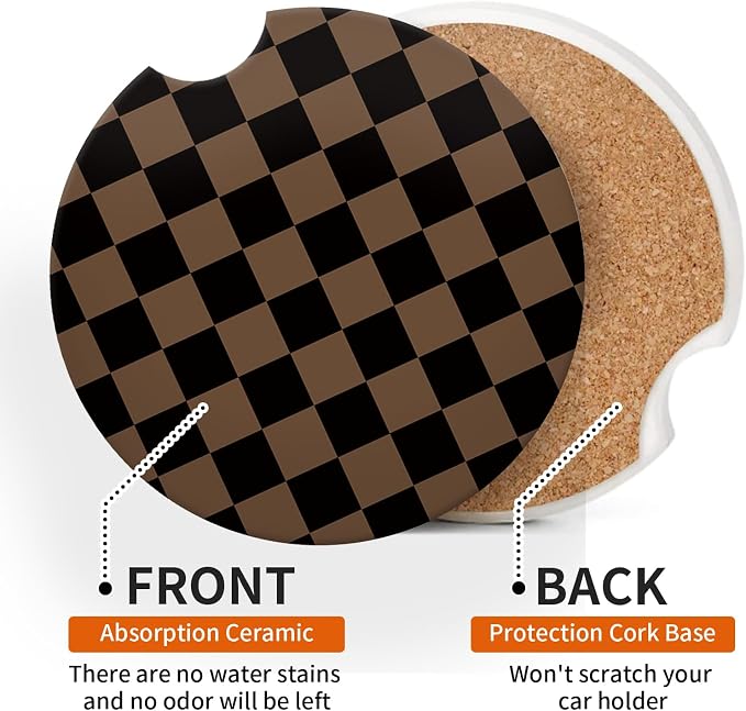 Khaki Checkered Car Coasters for Cup Holder Absorbent Ceramic Cup Coaster 2 Pack Anti Slip Car Interior Accessories with Finger Notch Cork Base for Women Men 2.56"