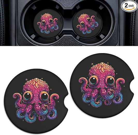 Car Cup Holder Ceramic Coasters 2 Pack, 2.56 in Anti Slip Absorbent Coaster with Cork Base and Finger Notch, Funny Cute Car Accessories Interior for Women, Octopus