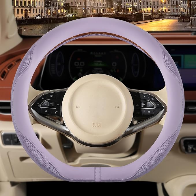 Nappa Leather Purple D Shaped Steering Wheel Cover 14 inch | Non-Slip Breathable Ice Silk Fabric, Warm in Winter and Cool in Summer, Small 13.5 inch to 14 inch for Prius Golf Cart