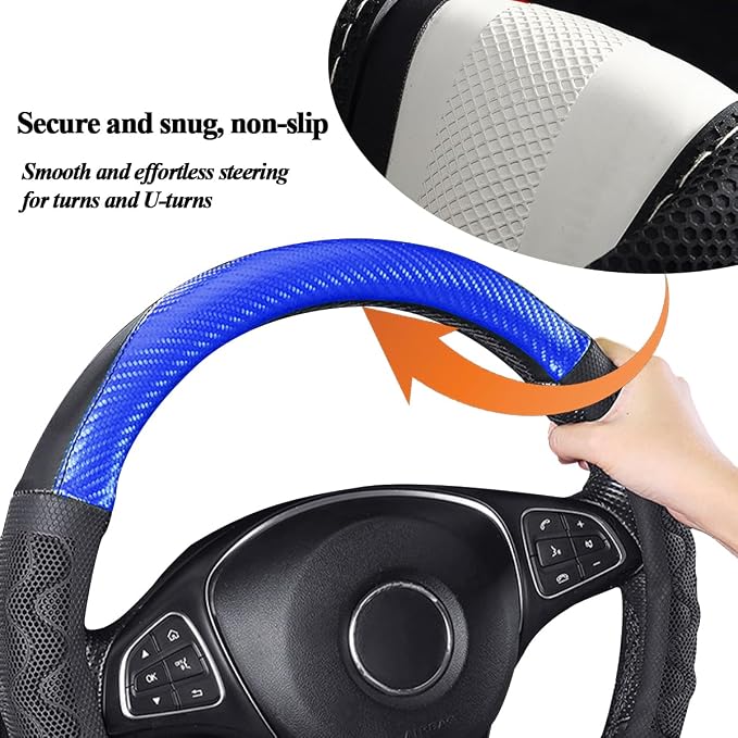 HZEL Car Steering Wheel Cover, Carbon Fiber Breathable Soft Grip Vehicle Steering Wheel Protector with Anti-Slip Lining, Automotive Interior Protective Decor Accessories, Universal Fit (Blue)