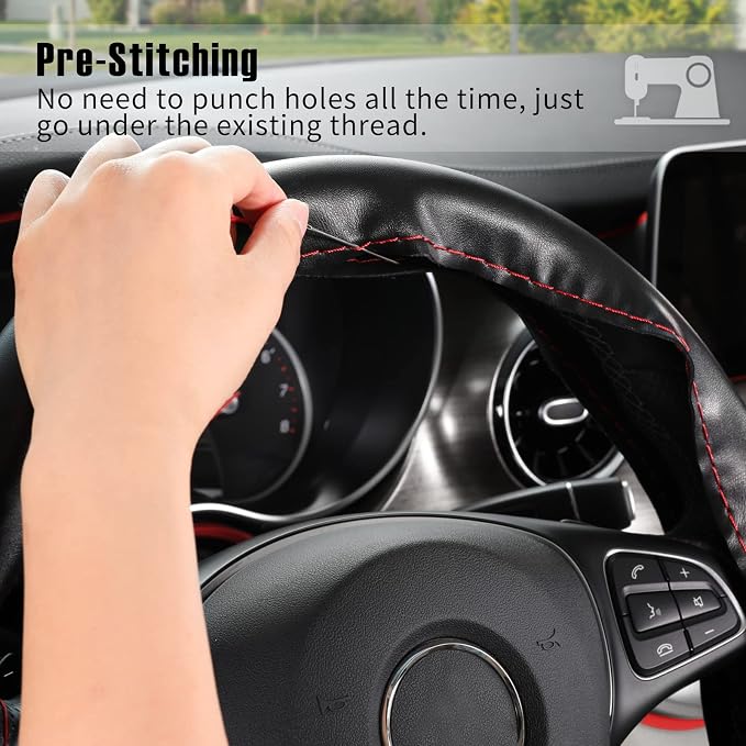 SEG Direct Genuine Leather Steering Wheel Cover, Stitch On Wrap, 15 Inch Steering Wheel Wrap for Car Truck SUV Pickup Boat, DIY Sewing with Needle Thread, Black with Red Thread