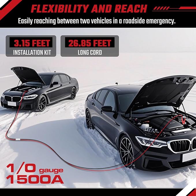 Jumper Cables, 30 feet 1 Gauge 1000Amp, Heavy Duty Booster Battery Cables with Permanent Installation kit and Quick Connect Plug for 12V & 24V Cars, SUV, Trucks, Diesel Trucks