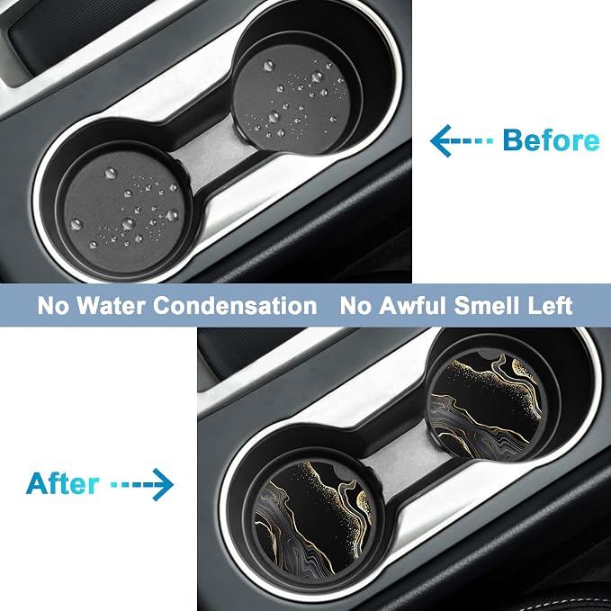 Nipichsha Car Coasters for Cup Holders, 2 Pack Absorbent Ceramic Car Cup Holder Coaster for Drinks, Cute Auto Assecories for Women Men, Size 2.56 in with Finger Notch & Cork Base, Luxury Black Marble